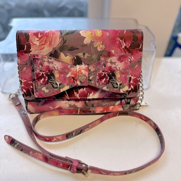 Betsey Johnson Handbags - Betsey Johnson pink & purple floral crossbody wallet purse chain strap and bow